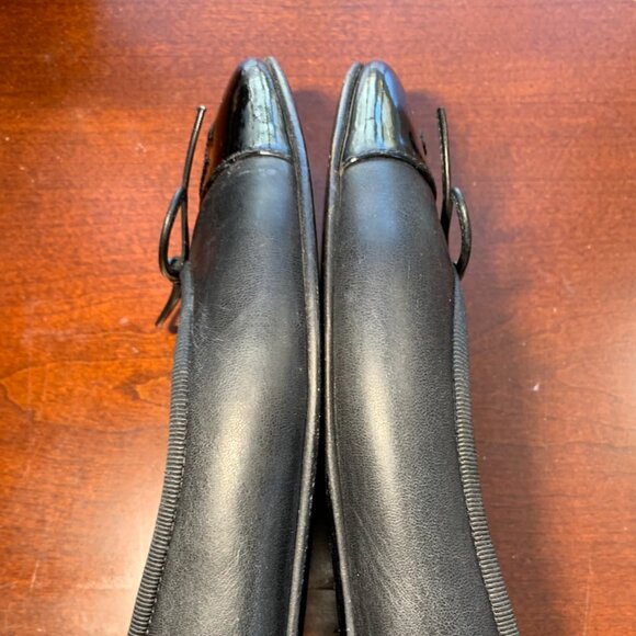 Authentic Chanel Lambskin Leather Ballet Flats 36.5 Black CC Bow Patent Cap Toe - Picture 7 of 16
